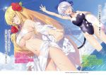  aliceliese_lou_nebulis_ix arm_up bikini blonde_hair blue_hair bow breasts character_name cleavage day dutch_angle flower hair_between_eyes hair_bow hair_flower hair_ornament hibiscus highres innertube kimi_to_boku_no_saigo_no_senjou_arui_wa_sekai_ga_hajimaru_seisen large_breasts long_hair looking_at_viewer mismis_klass multiple_girls navel nekonabe_ao ocean off_shoulder one-piece_swimsuit open_mouth paw_print pink_eyes reaching red_eyes sarong shirt sky smile swimsuit very_long_hair wading water white_bikini white_shirt 