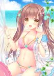  bangs bikini blush bow bracelet brown_hair bunny cloud cloudy_sky collarbone commentary_request cowboy_shot day dress earrings eyebrows_visible_through_hair hair_between_eyes hair_bow hair_ornament hairclip highres innertube jewelry kohinata_hoshimi long_hair looking_at_viewer lowleg lowleg_bikini navel ocean off_shoulder open_mouth original outdoors pink_swimsuit plant sand sitting sky solo striped striped_swimsuit sundress sweat swimsuit twintails water wet yellow_eyes 