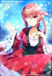  aoshima_kanae bandage_over_one_eye bangs braid breasts chinese_clothes cleavage closed_mouth collarbone commentary_request divine_princess_of_the_storm eyebrows_visible_through_hair fate/grand_order fate_(series) floral_print florence_nightingale_(fate/grand_order) hair_between_eyes hair_rings hand_on_own_chest hand_up hanfu jewelry long_sleeves looking_at_viewer medium_breasts pendant pink_hair red_eyes see-through single_braid smile solo wide_sleeves 