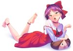  :o ankle_strap ass bangs barefoot bow breasts character_pillow dorsiflexion dress feet feet_up gegege_no_kitarou hair_bow jewelry kitarou long_sleeves looking_at_viewer lying nekomusume nekomusume_(gegege_no_kitarou_6) on_stomach open_mouth parted_bangs paw_pose pendant pillow plantar_flexion purple_hair red_dress ribbon shiny shiny_hair shirt short_hair simple_background small_breasts soles solo spread_toes strap_slip tenkuu_nozora the_pose toes triangle_mouth white_background white_shirt yellow_eyes 