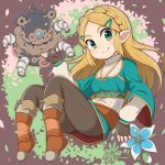  black_gloves black_pants blonde_hair blue_shirt boots braid breasts closed_mouth crop_top crown_braid fingerless_gloves flower full_body gloves green_eyes grey_footwear guardian_(breath_of_the_wild) highres long_hair long_sleeves nazonazo_(nazonazot) pants pointy_ears princess princess_zelda purple_background shirt sidelocks single_braid small_breasts smile solo straight_hair the_legend_of_zelda the_legend_of_zelda:_breath_of_the_wild thick_eyebrows triforce undershirt white_shirt wide_sleeves yoga_pants 