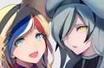  beret blonde_hair blue_eyes blue_hair commandant_teste_(kantai_collection) commentary_request grey_hair hair_over_one_eye hat kantai_collection long_hair looking_at_viewer multicolored_hair multiple_girls open_mouth red_hair scarf seaplane_tender_water_hime shinkaisei-kan smile streaked_hair sun_hat upper_body walzrj white_hair yellow_eyes 