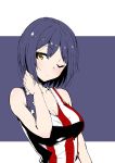  ;/ american_flag american_flag_print bangs bare_arms bare_shoulders blush breasts cleavage closed_mouth collarbone eyebrows_visible_through_hair flag_print hand_on_own_neck hand_up kaname_nagi looking_at_viewer medium_breasts nijisanji one_eye_closed purple_hair shizuka_rin short_hair sketch solo tank_top two-tone_background upper_body virtual_youtuber yellow_eyes 