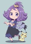  :3 acerola_(pokemon) aqua_background armlet bangs blush breasts chibi cleavage closed_mouth collarbone dress elite_four eyebrows eyelashes full_body gen_7_pokemon hair_ornament hands_up leg_up looking_at_viewer mimikyu nazonazo_(nazonazot) pokemon pokemon_(creature) pokemon_(game) pokemon_sm purple_eyes purple_hair sandals shadow short_hair short_sleeves simple_background small_breasts solo topknot trial_captain 