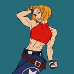  abs baggy_pants bare_shoulders belt biceps blonde_hair blue_background blue_eyes blue_mary bob_cut bracelet cowboy_shot crop_top fatal_fury fingerless_gloves gloves hand_in_hair jewelry kris_anka looking_at_viewer midriff multiple_belts muscle muscular_female pants short_hair solo the_king_of_fighters toned 