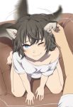  animal_ear_fluff animal_ears bare_legs barefoot blue_eyes blurry blush brown_hair depth_of_field dog_ears dog_tail from_above full_body hand_on_ear kneeling mattaku_mousuke messy_hair motion_blur motion_lines off_shoulder one_eye_closed original shirt shirt_slip short_hair sitting smile solo_focus t-shirt tail tail_wagging touching wariza wavy_mouth 