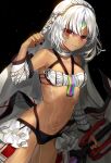  altera_(fate) arm_up armpits bangs bare_shoulders bikini black_background black_bikini_bottom black_nails breasts cleavage closed_mouth collar collarbone cowboy_shot detached_sleeves dutch_angle expressionless eyebrows_visible_through_hair fate/grand_order fate_(series) forehead_protector frills full_body_tattoo gijang holding holding_weapon long_sleeves looking_at_viewer mismatched_bikini nail_polish navel red_eyes silver_hair simple_background small_breasts solo standing stomach swimsuit tattoo tsurime veil waist_cape weapon white_bikini_top 