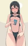  bikini black_hair blush breasts brown_eyes cellphone commentary_request haruichi idolmaster idolmaster_cinderella_girls long_hair medium_breasts mouth_hold ooishi_izumi phone self_shot smartphone solo swimsuit 