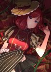  blush commentary_request dark flower frilled_shirt_collar frills gold_trim hat high_collar highres jewelry looking_at_viewer love_live! love_live!_school_idol_festival love_live!_school_idol_project lying necklace nishikino_maki on_back patterned pinstripe_legwear puffy_short_sleeves puffy_sleeves purple_eyes red_hair red_shirt rose shirt short_hair short_sleeves skirt striped striped_legwear thighhighs tsundere yuama_(drop) 