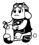  1girl =3 animal_ears bkub commentary_request dress driving goat_ears goat_girl goggles goggles_on_headwear greyscale ground_vehicle helmet monochrome monster_girl motor_vehicle motorcycle motorcycle_helmet simple_background solo tabard toriel undertale white_background 