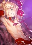  armpits arms_up blonde_hair bound bound_arms braid breast_sucking breasts bright_pupils clenched_teeth detached_collar detached_sleeves fate/apocrypha fate_(series) french_braid green_eyes jack_hamster long_hair long_sleeves mordred_(fate) mordred_(fate)_(all) motion_lines navel one_eye_closed ponytail purple_background restrained sidelocks small_breasts solo stomach sweat teeth tentacles toned topless trembling tsurime upper_body v-shaped_eyebrows 