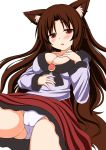  :o animal_ears bangs blush breasts brown_hair cleavage collarbone commentary_request cowboy_shot eyebrows_visible_through_hair fang groin hand_on_own_chest hand_on_own_stomach imaizumi_kagerou large_breasts long_hair long_sleeves looking_at_viewer nagana_sayui panties parted_bangs parted_lips red_eyes red_skirt shirt simple_background skirt sleeve_cuffs solo spread_legs tareme touhou underwear upskirt white_background white_panties white_shirt wolf_ears 