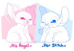  &lt;3 &lt;3_eyes 2018 4_toes a1ternat1ve alien angel_(lilo_and_stitch) antennae chest_markings cute digital_drawing_(artwork) digital_media_(artwork) disney duo english_text experiment_(species) eyelashes fur head_tuft lilo_and_stitch markings notched_ear one_eye_closed open_mouth open_smile signature simple_background sitting slightly_chubby small_tail smile stitch text toes tongue tongue_out tuft white_background wink 