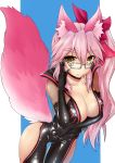  absurdres animal_ears bow breasts choker cleavage collarbone drums_(zzszsz2333) eyebrows_visible_through_hair fate/grand_order fate_(series) fox_ears fox_tail glasses hair_bow highres large_breasts leotard long_hair looking_at_viewer pink_hair skin_tight solo tail tamamo_(assassin)_(fate) tamamo_(fate)_(all) very_long_hair yellow_eyes 
