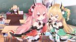  &gt;_&lt; amazon_(azur_lane) animal_ears ark_royal_(azur_lane) azur_lane blonde_hair blurry book candy cat_ears chalkboard cheek_pinching classroom commentary_request depth_of_field detached_sleeves eyebrows_visible_through_hair fingerless_gloves food gloves hamakaze_(azur_lane) horns koko_ne_(user_fpm6842) lollipop long_hair multiple_girls mutsuki_(azur_lane) notebook open_mouth peeking_out pinching pink_hair red_eyes sleeping table tanikaze_(azur_lane) 