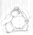  anthro barefoot belly belly_overhang big_belly bracelet brown_bear bulge claws clothed clothing eyewear gillpanda goggles goggles_on_head jewelry male mammal monochrome moobs navel nipples obese obese_male open_shirt overweight overweight_male raining shorts thick_thighs toe_claws ursine wide_hips 