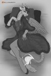  2015 anthro anthrofied antlers areola breasts clothing crossgender discord_(mlp) draconequus english_text erect_nipples fangs feathered_wings feathers female friendship_is_magic hi_res horn lipstick looking_at_viewer lying makeup membranous_wings mismatched_wings monochrome my_little_pony nightgown nipples panties phathusa pillow signature smile solo text translucent transparent_clothing underwear wings 