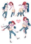 :d ?? @_@ arm_up blue_hair blush carrying character_name collarbone cropped_legs dancing denim dizzy_(feeling) double_vertical_stripe eyelashes full_body heart holding_hands hug jacket jeans kuma_(bloodycolor) leg_up long_hair love_live! love_live!_school_idol_project multiple_girls multiple_views nishikino_maki no_socks open_clothes open_jacket open_mouth outstretched_arm pants princess_carry print_legwear purple_eyes raglan_sleeves red_footwear red_hair shirt short_hair shorts simple_background smile sonoda_umi standing standing_on_one_leg star star_print t-shirt thighhighs white_background white_footwear white_shirt yellow_shorts yuri 