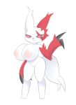  1girl 321go! animal_ears black_eyes breasts claws female full_body furry gen_3_pokemon half-closed_eyes hand_up highres huge_breasts inverted_nipples jpeg_artifacts looking_to_the_side nipples no_humans nude personification pokemon pokemon_(creature) pussy red_sclera simple_background solo standing tail uncensored white_background zangoose 