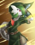  arm_up artist_name belt breasts brown_background brown_gloves clenched_teeth cosplay cowboy_shot fingerless_gloves gardevoir gen_3_pokemon gloves gradient gradient_background green_hair green_hat green_tunic hair_over_one_eye hand_up hat holding holding_shield holding_sword holding_weapon link link_(cosplay) pokemon pokemon_(creature) red_eyes rilex_lenov shield short_hair short_sleeves simple_background small_breasts smile standing sword teeth the_legend_of_zelda tunic vambraces watermark 