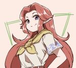  belt breasts brown_belt closed_mouth cremia eyebrows eyelashes hair_intakes lavender_eyes long_hair looking_at_viewer medium_breasts nazonazo_(nazonazot) neckerchief pointy_ears red_hair short_sleeves sidelocks smile solo the_legend_of_zelda the_legend_of_zelda:_majora's_mask upper_body very_long_hair yellow_neckwear 