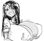  alternate_breast_size breast_hold breasts covered_nipples dark_skin from_side grin hair_ornament hairclip huge_breasts ijiranaide_nagatoro-san long_hair matsu-sensei monochrome nagatoro open_clothes open_shirt sketch smile smug solo upper_body 