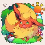  :d blue_sky chibi cloud commentary_request fang flareon gen_1_pokemon green_eyes highres looking_at_viewer mushroom muuran no_humans open_mouth poke_ball poke_ball_(generic) pokemon pokemon_(creature) signature sky smile solo sparkle sun 