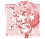  :3 :d animal_ear_fluff animal_ears apron bell blush carrot chibi commentary dated eyebrows_visible_through_hair fate/grand_order fate_(series) fox_ears fox_tail heart highres jingle_bell keita_naruzawa legs_together maid maid_apron maid_headdress monochrome neck_bell open_mouth paws pink ponytail signature smile solo standing tail tamamo_(fate)_(all) tamamo_cat_(fate) 