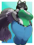  2015 anthro armlet big_breasts black_hair black_nose bracelet breasts brown_eyes cleavage clothed clothing eikasianspire female fluffy fluffy_tail fur grey_fur hair hi_res huge_breasts jeans jewelry long_hair looking_at_viewer mammal nails navel pants procyonid raccoon slightly_chubby smile solo spiked_armlet spiked_bracelet spikes standing teeth thick_thighs voluptuous white_fur wide_hips 