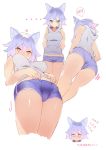  animal_ears ass blush boyshorts breasts breasts_apart bright_pupils commentary_request flying_sweatdrops hair_between_eyes hajime_(hajime-ill-1st) hand_in_pants hands_in_pockets heart heart-shaped_pupils highres hood hoodie medium_breasts midriff multicolored_hair multiple_views navel nose_blush original pink_hair purple_hair short_hair silver_eyes simple_background sleeveless sleeveless_hoodie spoken_blush symbol-shaped_pupils trefoil two-tone_hair white_background 