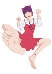  1girl barefoot fangs feet gegege_no_kitarou hair_bow highres looking_at_viewer nekomusume one_leg_raised open_mouth pov pov_feet purple_hair soles toes tongue_out yellow_eyes 