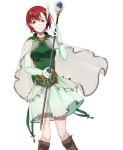  blush cape dress elbow_gloves fire_emblem fire_emblem:_rekka_no_ken fire_emblem_heroes gloves green_eyes green_hair kyufe looking_at_viewer priscilla_(fire_emblem) red_hair short_hair smile solo staff 