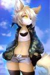  anthro black_nose breasts canine clothed clothing day detailed_background dog female hair mammal midriff navel nitricacid outside sky solo yellow_eyes 