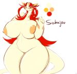  2016 anthro averyshadydolphin big_breasts big_nipples breasts dragon eyewear female glasses hair hi_res jou nipples red_hair simple_background sokajou solo thick_thighs voluptuous white_skin wide_hips 