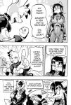  2018 action_pose anteater anthro breasts canine cleavage_cutout clothed clothing comic cookie_(furryfight_chronicles) daigaijin dialogue english_text female fox furryfight_chronicles hair hyena kalita_(furryfight_chronicles) lagomorph male mammal monochrome muko open_mouth pose rabbit rodent squirrel text 