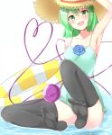 :d alternate_headwear aqua_swimsuit arm_up armpits bangs black_legwear blue_flower blue_rose blush breasts collarbone commentary_request convenient_leg dress_swimsuit eyebrows_visible_through_hair flower frilled_swimsuit frills green_eyes green_hair hair_between_eyes hat hat_ribbon heart heart_of_string highres innertube knee_up komeiji_koishi large_breasts looking_at_viewer open_mouth red_ribbon ribbon rose sabana_(sabasabaflash) short_hair sitting smile solo sparkle sun_hat swimsuit tareme thighhighs third_eye toes tongue touhou water white_background 