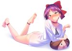  ankle_strap ass bangs barefoot blush bottomless bow breasts character_pillow choker dorsiflexion feet feet_up frown gegege_no_kitarou hair_bow jewelry kitarou looking_at_viewer lying naked_shirt nekomusume nekomusume_(gegege_no_kitarou_6) on_stomach parted_bangs paw_pose pendant pillow plantar_flexion purple_hair ribbon shiny shiny_hair shirt short_hair simple_background small_breasts soles solo spread_toes tenkuu_nozora the_pose toes triangle_mouth white_background white_shirt yellow_eyes 