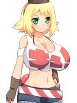  blonde_hair breasts cleavage commentary_request crop_top fingerless_gloves gloves green_eyes hat huge_breasts mahjong_monogatari midriff navel patoranran rotating_light shirogane_hakuba short_hair shorts smile solo tank_top 