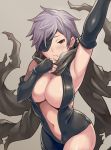  armpits bangs bare_shoulders black_eyepatch black_gloves blush breasts brown_eyes center_opening closed_mouth commentary_request cowboy_shot elbow_gloves embarrassed eyepatch fingerless_gloves frown gloves granblue_fantasy grey_background highres hips lavender_hair looking_at_viewer maruto! navel one_eye_covered revealing_clothes scarf short_hair simple_background solo spiked_hair standing sweatdrop tanya_(granblue_fantasy) torn_clothes very_short_hair 