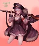  aiguillette armband bangs belt black_hat blush bolt_action boots breasts buckle cleavage coat commentary cropped_legs dress eyebrows_visible_through_hair fur-trimmed_coat fur_trim girls_frontline gun hair_between_eyes hara_(czo1771) hat highres holding holding_gun holding_weapon iron_cross jacket_on_shoulders kar98k_(girls_frontline) long_hair long_sleeves looking_at_viewer mauser_98 medium_breasts orange_eyes peaked_cap rifle shoulder_cutout sidelocks signature silver_hair simple_background smile solo thighhighs very_long_hair waving weapon white_hair wide_sleeves 