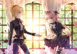  1girl astolfo_(fate) belt black_bow black_dress black_jacket black_legwear blonde_hair bow bowtie braid commentary_request crossdressing curtains dress fate/apocrypha fate/grand_order fate_(series) french_braid green_eyes hair_ribbon iroha_(shiki) jacket long_braid long_hair mordred_(fate) mordred_(fate)_(all) navel one_eye_closed open_mouth otoko_no_ko pants pink_hair purple_eyes red_bow red_neckwear ribbon short_sleeves single_braid thighhighs window 