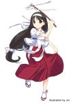  artist_name black_hair elevator_action full_body gohei hairband hakama highres japanese_clothes kiki_kaikai long_hair looking_at_viewer low-tied_long_hair miko non-web_source official_art ponytail red_hakama ribbon-trimmed_legwear ribbon-trimmed_sleeves ribbon_trim sayo_(kiki_kaikai) short_sleeves simple_background smile solo uni white_background 