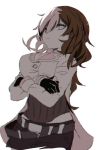  belt breasts brown_hair commentary crossed_arms esu_(transc) gloves large_breasts long_hair looking_at_viewer multicolored_hair neo_(rwby) pink_hair rwby solo 