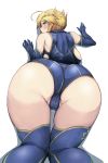  ahoge artoria_pendragon_(all) artoria_pendragon_(lancer) ass bent_over blonde_hair blue_legwear braid breasts commentary_request crown dress elbow_gloves fate/grand_order fate_(series) french_braid from_behind gloves green_eyes hands_on_wall highres kamaboko_(ossann0125) large_breasts sideboob sleeveless sleeveless_dress solo thighhighs thighs 