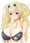  arm_up blonde_hair blue_eyes blush bra breasts commentary gambier_bay_(kantai_collection) hair_between_eyes hairband hifumi_kei highres kantai_collection large_breasts long_hair simple_background solo twintails underwear 
