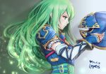  armor belt blue_armor blue_eyes breastplate commentary detached_sleeves fire_emblem fire_emblem:_souen_no_kiseki gloves green_eyes green_hair helmet ippers light_green_hair long_hair nephenee polearm simple_background solo spear weapon 