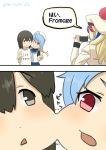  2koma 3girls black_eyes black_hair blonde_hair blue_hair comic commandant_teste_(kantai_collection) commentary english_commentary gradient_hair hat isonami_(kantai_collection) kantai_collection long_sleeves misumi_(niku-kyu) multicolored_hair multiple_girls red_eyes sado_(kantai_collection) short_sleeves smile taking_picture twitter_username v what 