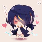  =_= barefoot black_hair black_jacket blush chibi closed_eyes closed_mouth eighth_note emperor_penguin_(kemono_friends) facing_viewer hair_over_one_eye headphones heart humming jacket kemono_friends leotard long_hair multicolored_hair musical_note muuran open_clothes open_jacket orange_hair signature smile solo standing streaked_hair translation_request white_leotard 