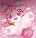  &lt;3 anus apple bear blush bow brown_bear cub driosawm eyelashes female food fruit fur half-closed_eyes jewelpet jewelry looking_at_viewer mammal necklace open_mouth pillow pink_fur pussy red_eyes ribbons rosa_(jewelpet) saliva saliva_string solo sweat young 