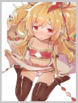  animal_ears bandeau bangs bare_shoulders black_legwear blonde_hair blush border caburi commentary_request detached_sleeves eyebrows_visible_through_hair feathers granblue_fantasy grey_border hair_between_eyes hair_ornament harvin highres lifted_by_self long_hair looking_at_viewer mahira_(granblue_fantasy) navel no_shoes nose_blush panties parted_lips pointy_ears red_eyes sitting skirt skirt_lift soles solo thighhighs underwear upper_teeth very_long_hair wariza white_background white_panties wide_sleeves 